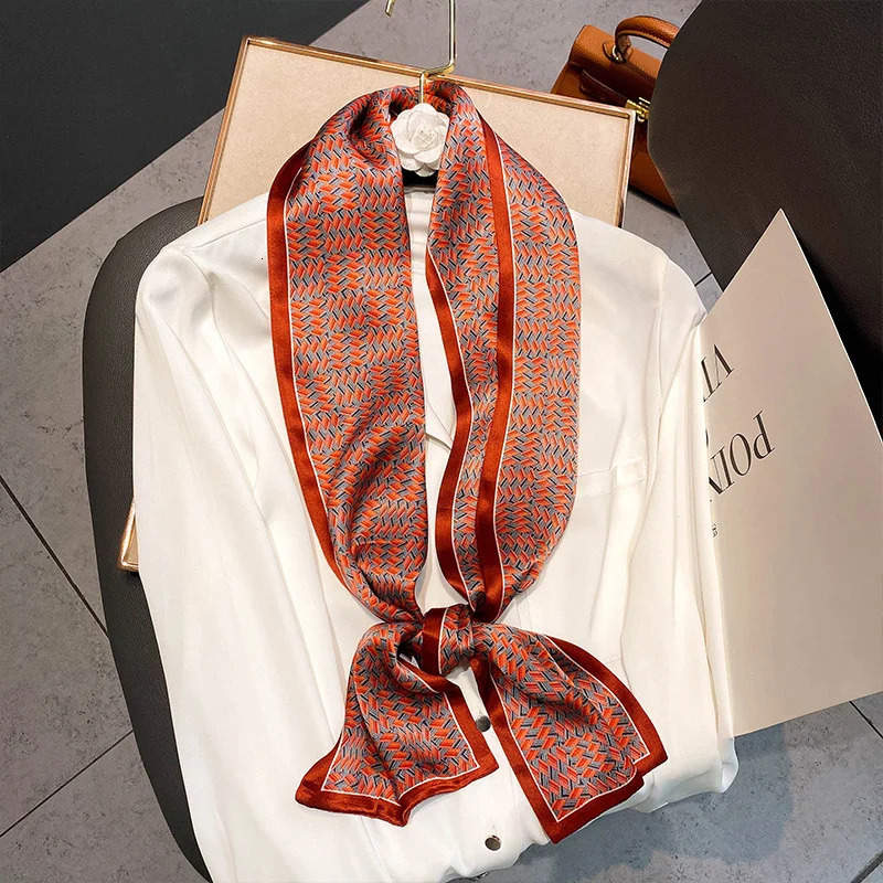 faux Real Silk Skinny Scarves Handle Bag Ribbons Foulard Tie Hair Band Neckerchief Print Headbands For Women 241225