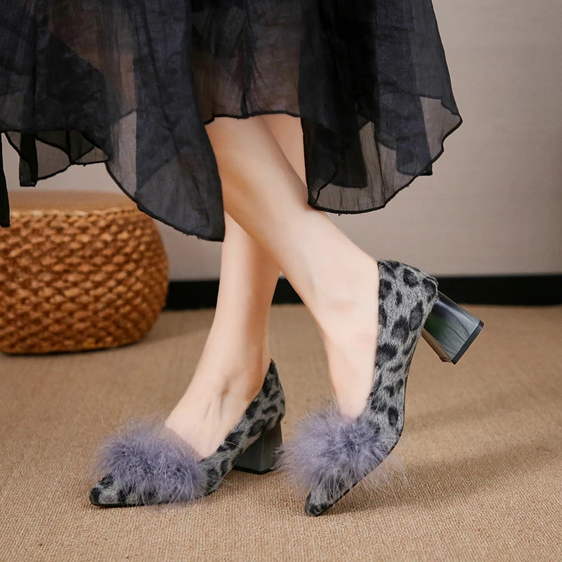 Women Heels Pumps Shoes Leopard Colored Furry Fur Medium Heel Lolita Shoes Party Elegant Stylish High Quality Cute Sexy 241225