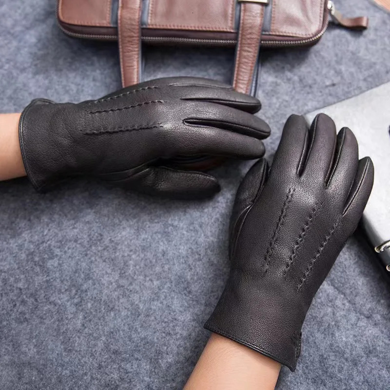 mens 100% sheepskin gloves deer skin pattern warm and soft mens leather gloves mens mittens with plush lining 241225
