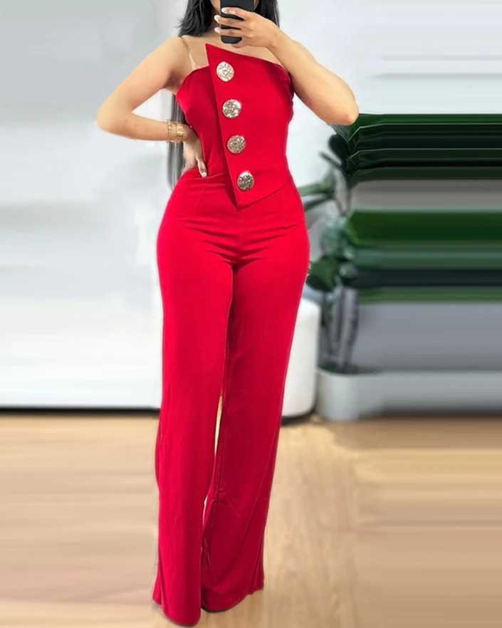 Sexy Asymmetrical Bandeau Strapless Jumpsuit Metal Button Decor Casual Overalls 2025 Woman Long Jumpsuits Elegant 241225