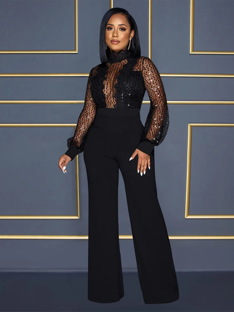 Solid Color High Necked Elegant Long Jumpsuit Women Sleeve Full Body Sexy Mesh Perspective Lace Up Female 241225