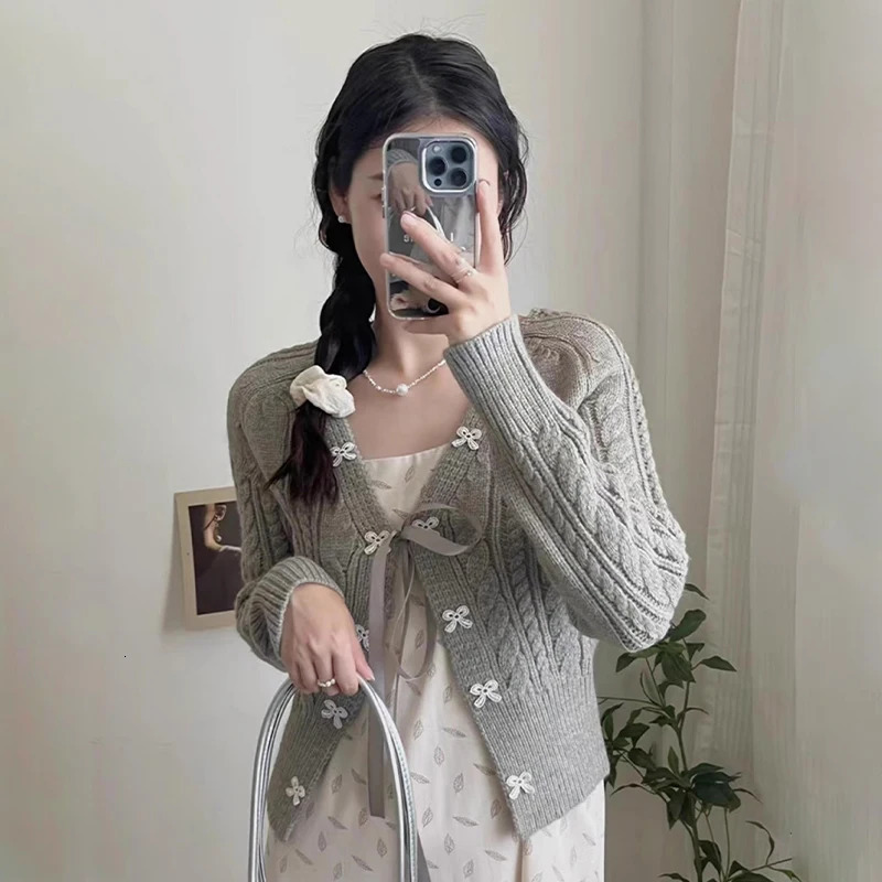 Sweet Bow Knit Cardigan Womens Fall Retro Niche n Sweater Jacket Tops 241225