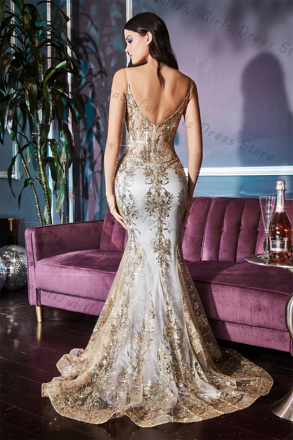 Tulle Spaghetti Straps V-neck Mermaid Evening Dresses Lace Appliques Sleeveless Corset Prom Gown Backless Long Formal Ball Party 241223
