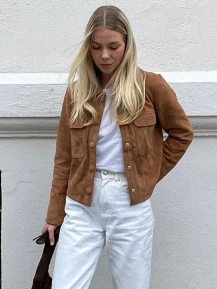 ZBZA Women Brown Suede Leather Jacket Vintage Lapel Single Breasted Long Sleeve Pocket Slim Outerwear Fall Winter Lady Chic Top 241220