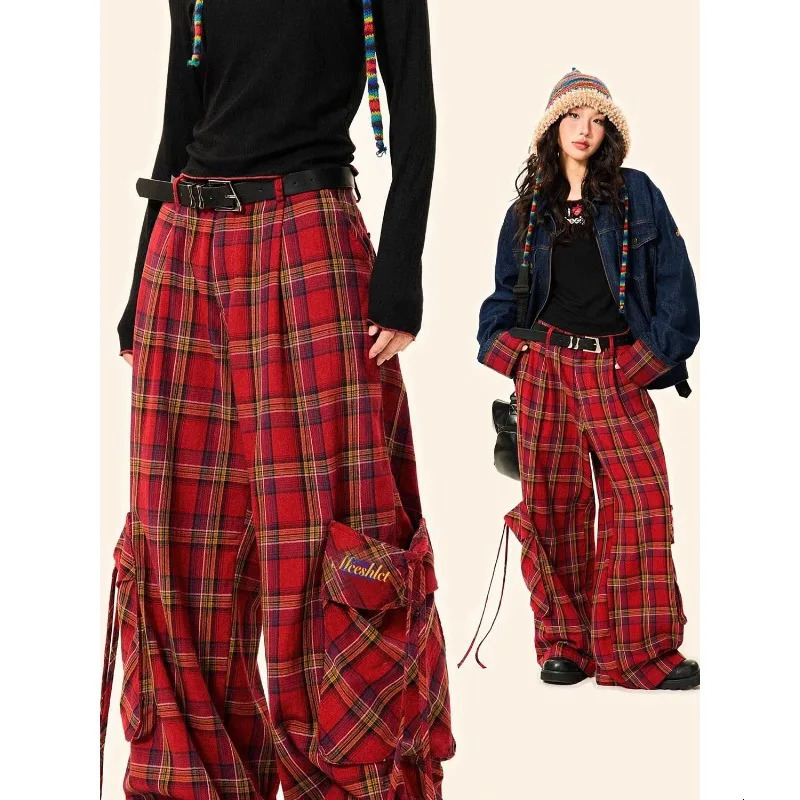 American Red Retro Checkered Korean Style Womens Casual Trend Y2k Autumn Large Pocket Straight Wide Leg Pants Z260314