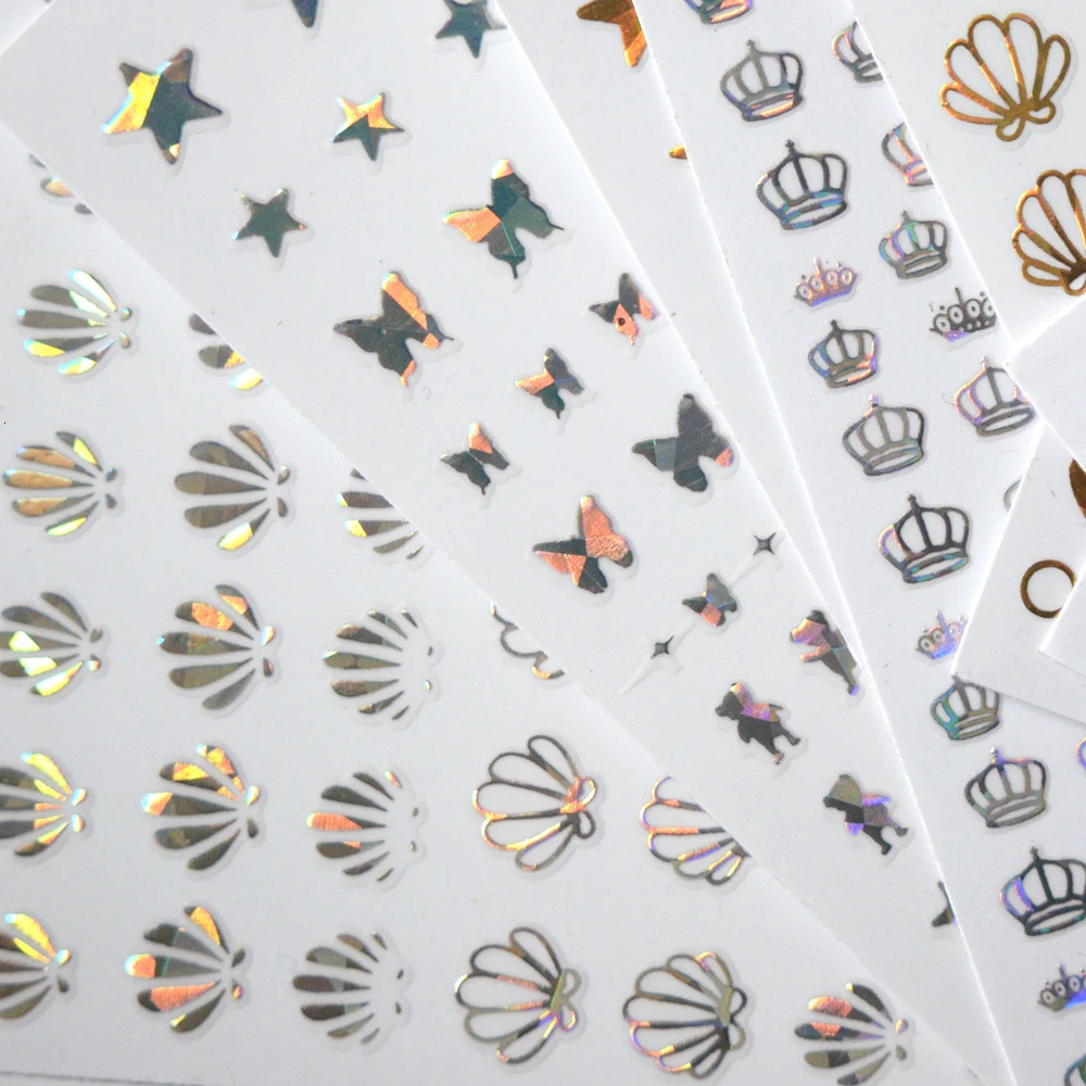 10PCS Black and White Love Laser Gold and Silver Crown Nail Art Sticker Geometry Nail Slider Sticker Decal 241225