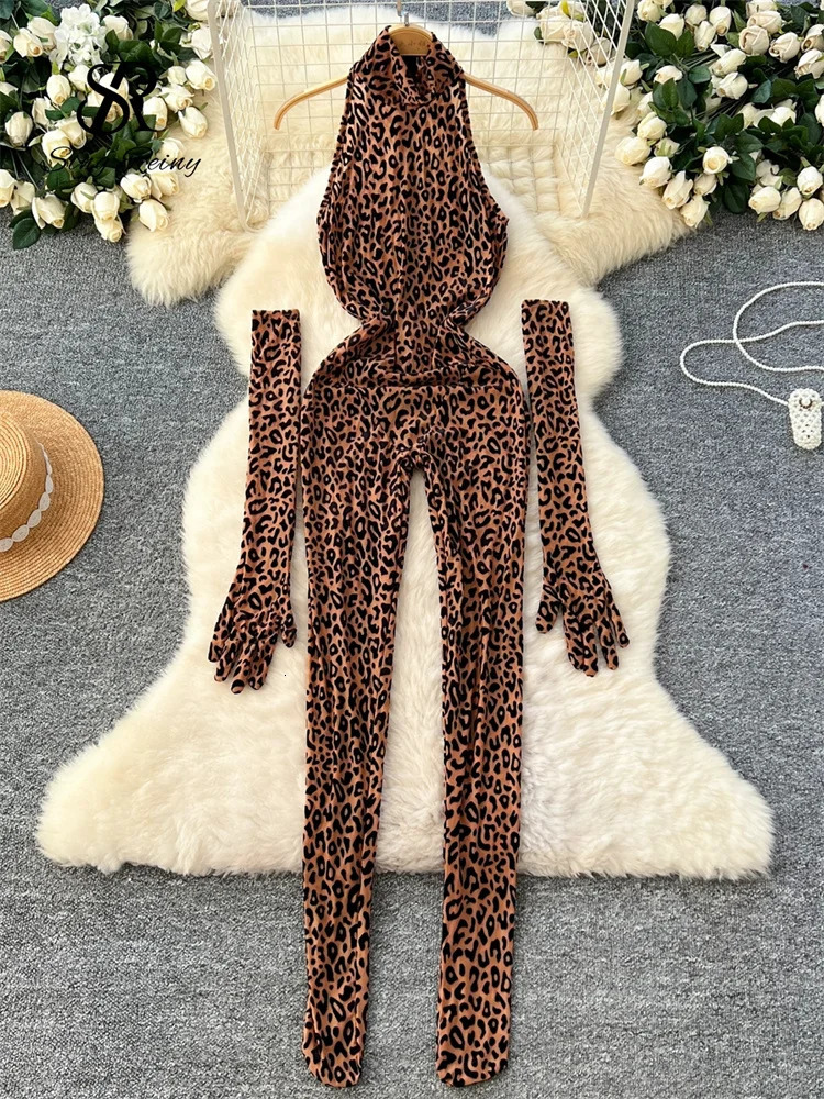 SINGREINY Fashion Leopard Print Sexy Jumpsuits Ladies Stand Collar Long Gloves Korean Streetwear Sheath Flocking Playsuits 241225