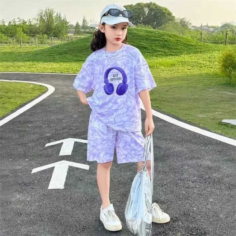 Clothing Sets Summer Teenage Clothes Set Children Girls Sweet Short Sleeve Tie Dye T-shirts and Shorts 2pcs Suit Kid Cute Top Bottom TracksuitY241225J