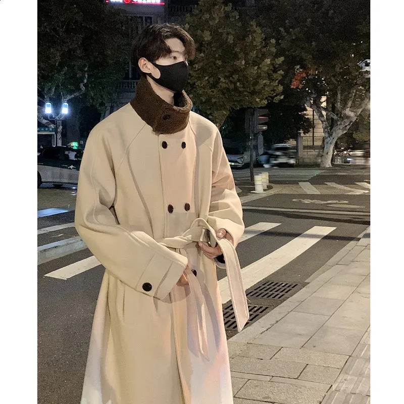 Mens Lamb wool Patchwork Woolen Overcoat Men High-end Stand Collar Casual Loose Korean Style Winter Elegant Trench Coat 241223