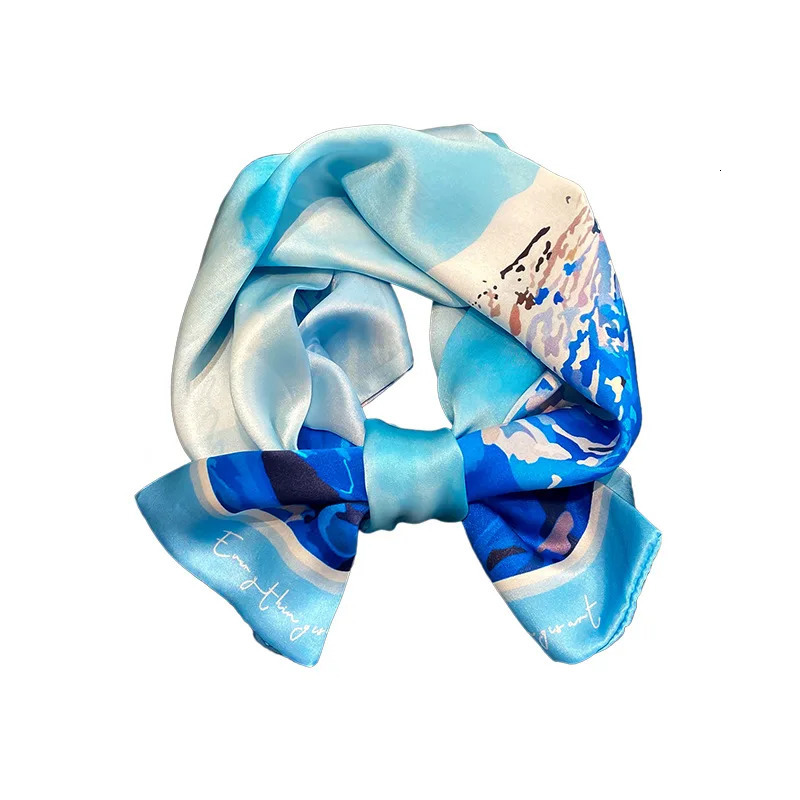 faux Mulberry SILK Small Long Neck Scarfs For Women Bright Blue Printing Women Party Scarf Colorfast Female Silk Neckerchiefs 241225