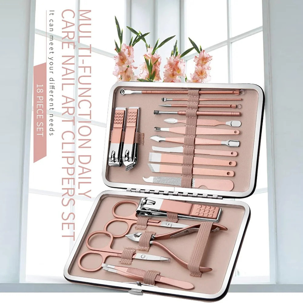 18Pcs Nail Clipper Set Manicure Pedicure Kit Stainless Steel Nippers Trimmer Care Tool Portable PU Case Rose Gold Letter Pattern 241225