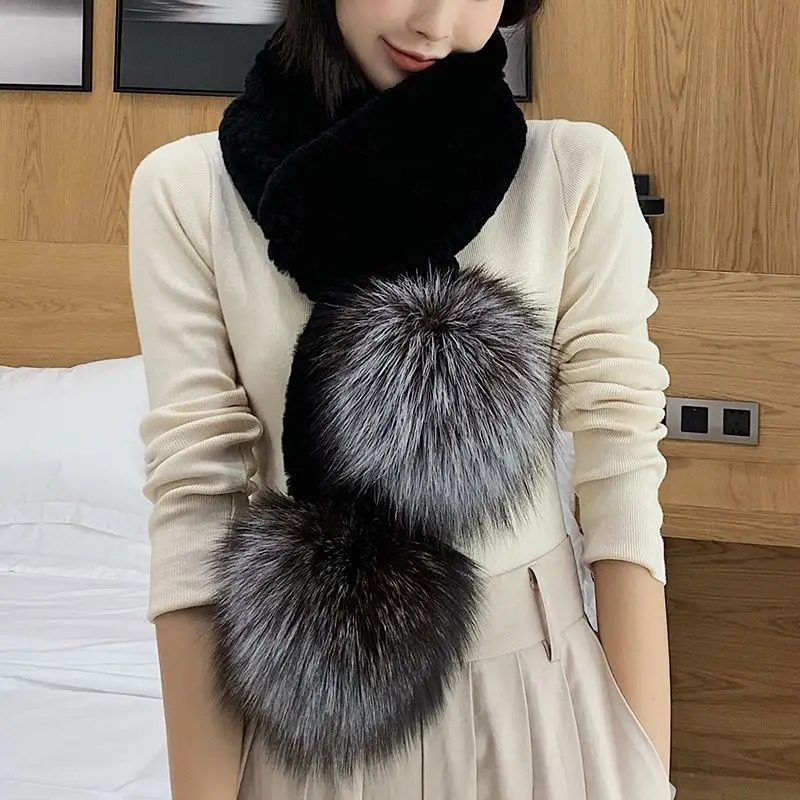Women Fur Winter Scarf Short Thick Plush Fluffy Cute Scarf with Big Pompom Winter Fur Collar Solid Color Neckerchief E2976 241225