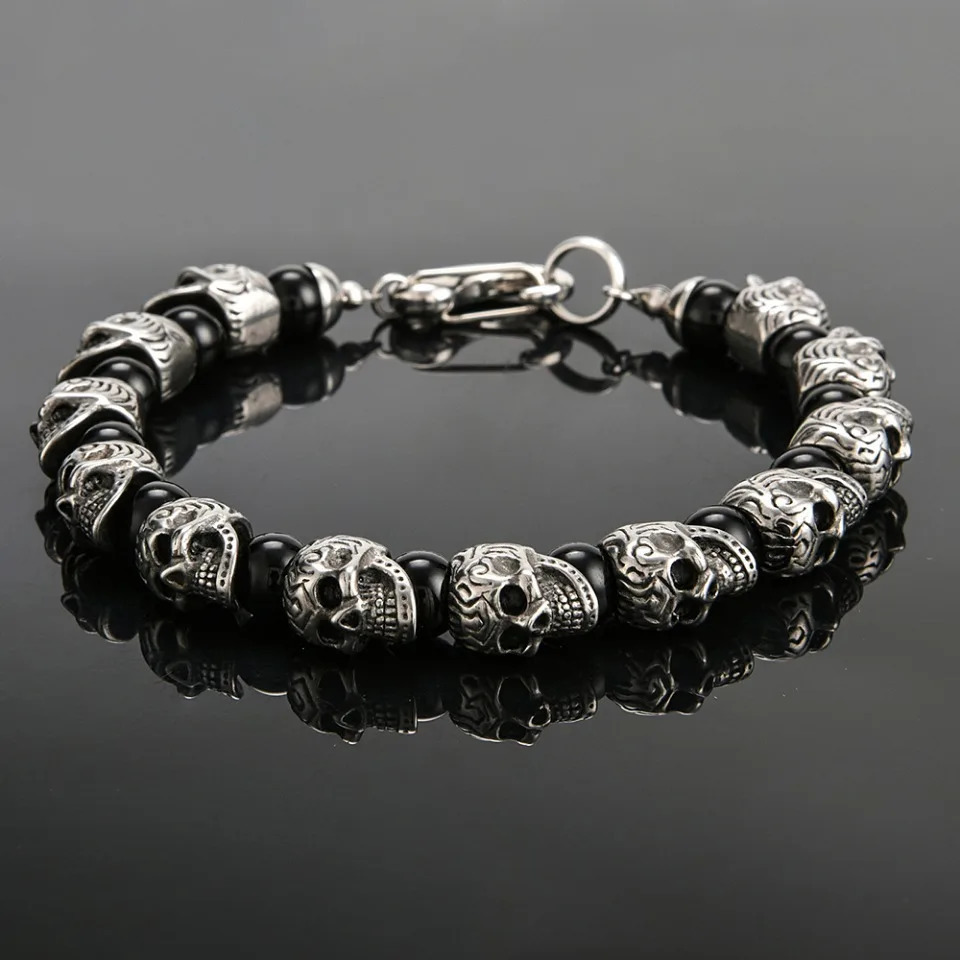 Punk Hip Hop Stainless Steel Skull Bracelet Biker Vintage Beads Bangles For Men Boys Fashion Creative Jewelry Gifts Drop 241225