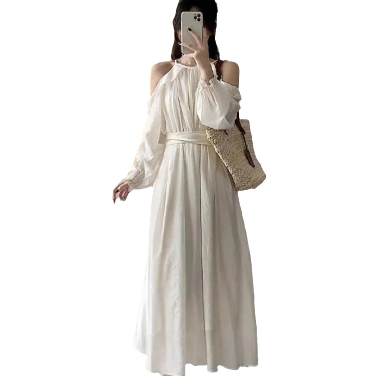 F0994 French gentle style white high collar dress fairy autumn and winter temperament high-end birthday long skirt female Korean version