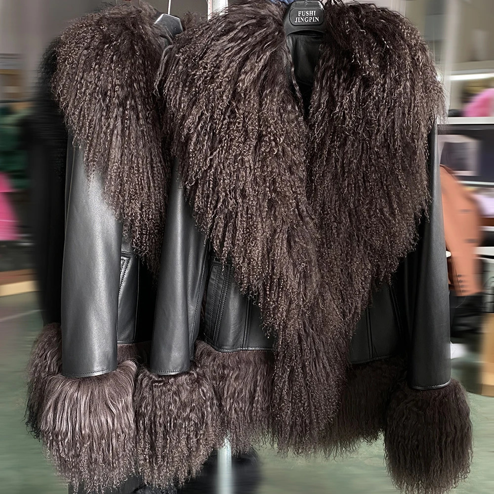 YOLOAgain Mongolia Sheep Fur Collar Real Leather Jacket For Women Sheepskin Coat 2024 Winter Outerwear 241225