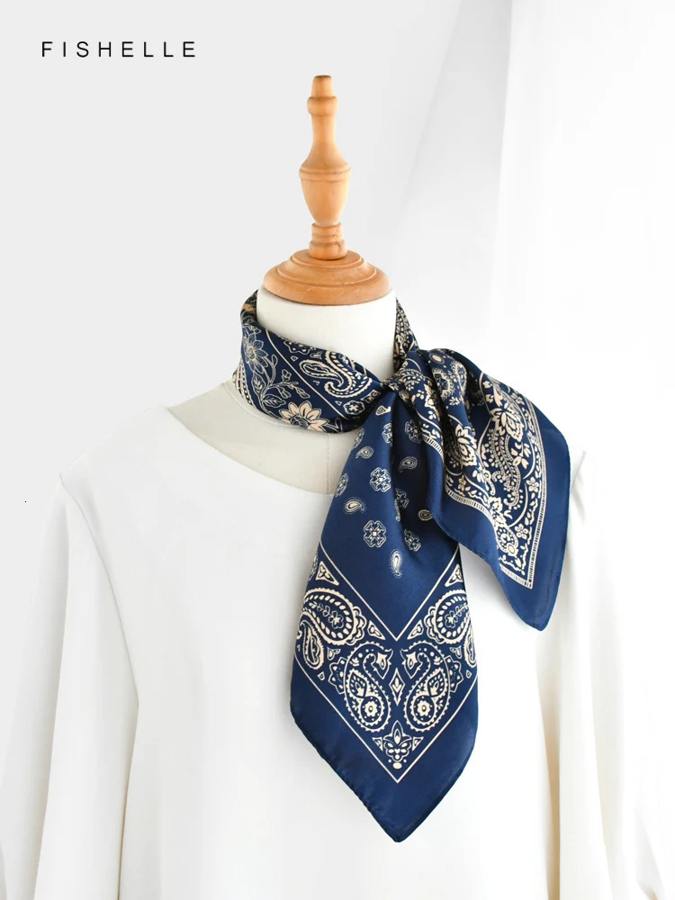 Navy blue Paisley faux natural silk scarves small square scarf hijab shawl gift headband 65cm men women wrap neckerchief 241225