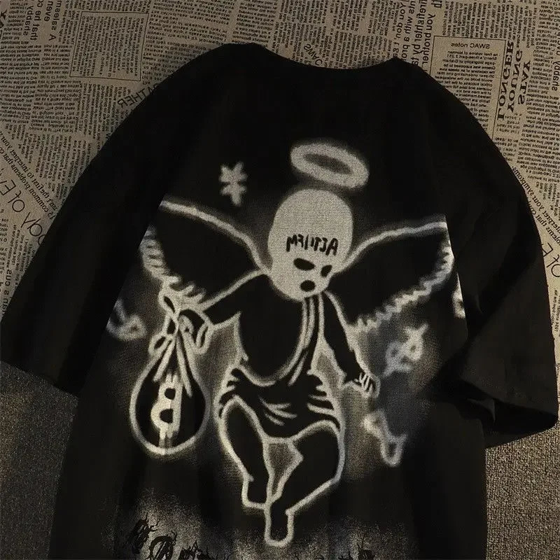 European and American retro dark angel short sleeved t shirt men and women ins trend loose street style hip hop couple dress 241224