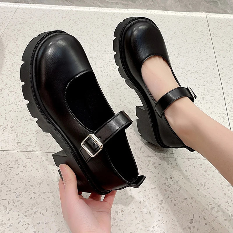 Black Ankle Buckle Platform Pumps Women Japanese Style Patent Leather Mary Jane Shoes Woman Punk Thick Heels Lolita Shoes Mujer 241225