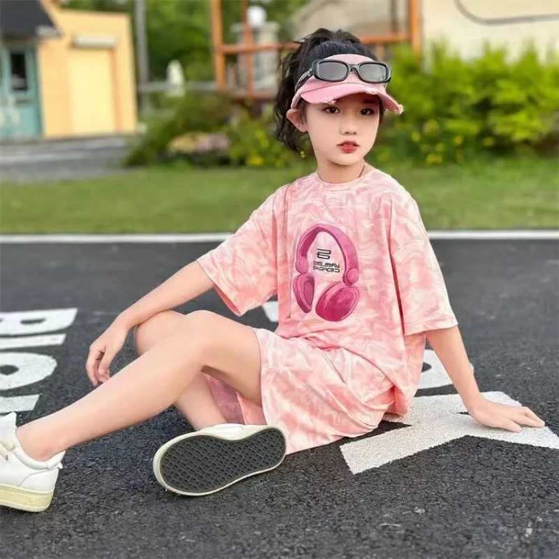 Clothing Sets Summer Teenage Clothes Set Children Girls Sweet Short Sleeve Tie Dye T-shirts and Shorts 2pcs Suit Kid Cute Top Bottom TracksuitY241225J