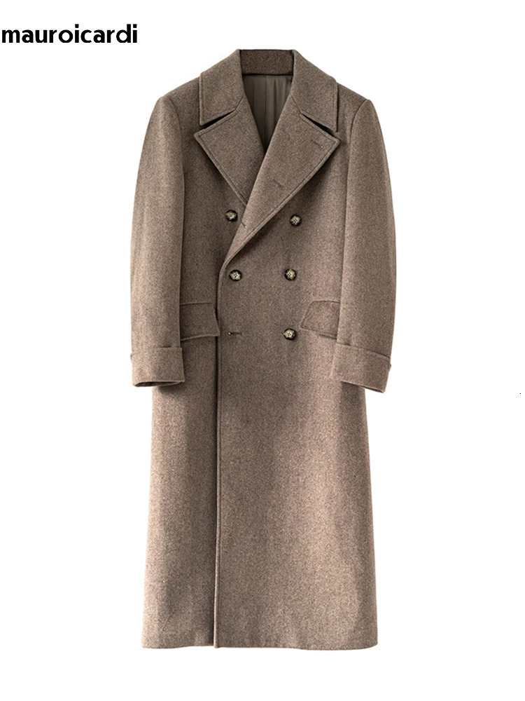 Mauroicardi Autumn Winter Long Warm Green Polo Coat Men Double Breasted Cool Elegant England Style Wool Blends Overcoat 241225