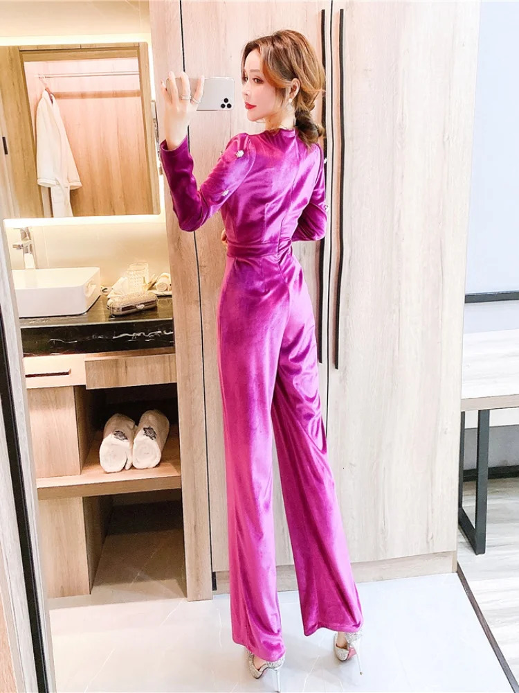 HMA Autumn Winter Button Decoration Velvet Jumpsuit Womens Slimming Waist Temperament Rompers 241224