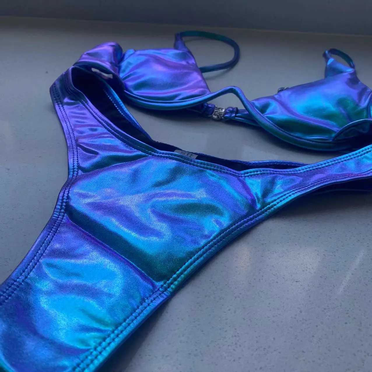 Sexy triangle bikini 2022 holographic blue push up extreme thong swimsuit Brazilian bandage swimsuit mini bikini swimsuitW241225