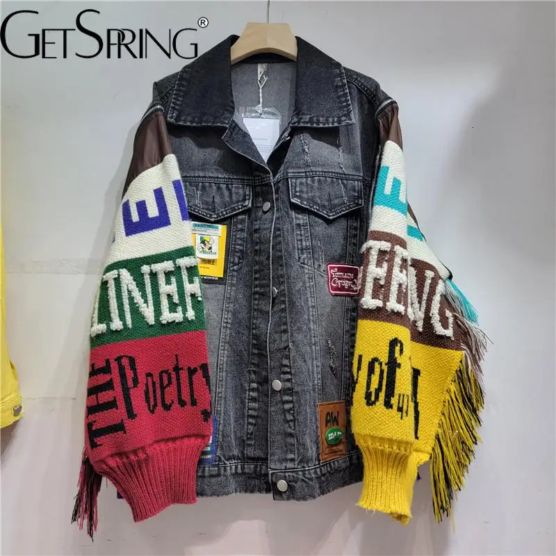GetSpring Women Denim Jacket Autumn Fashion Letter Sleeve Stitching Tassel Knitted Spliced Loose Casual Womens Jean Coat 241223
