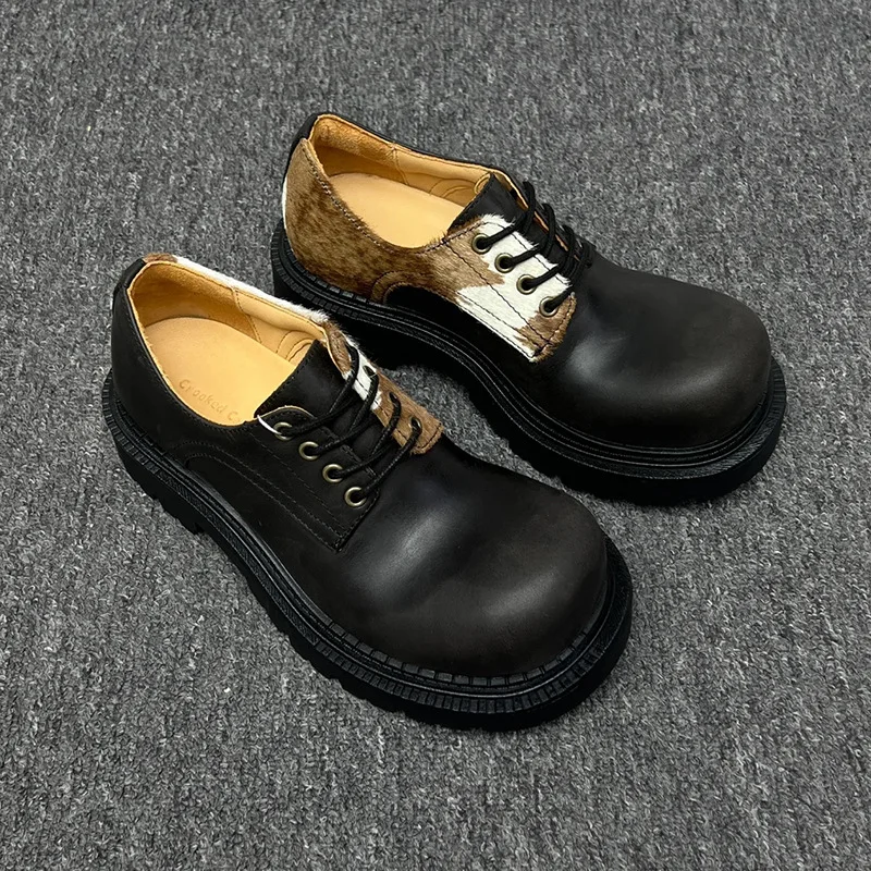 Style Horsehair Women's Derby Shoes Thick Heel Fashionable Loafers Women Left and Right Color Matching Female Shoes