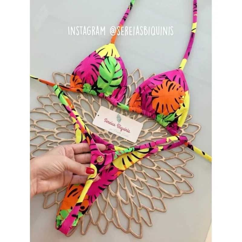Womens printed bikini shoulder strap split swimsuit womens bikini swimsuit summer beach swimsuitW241225