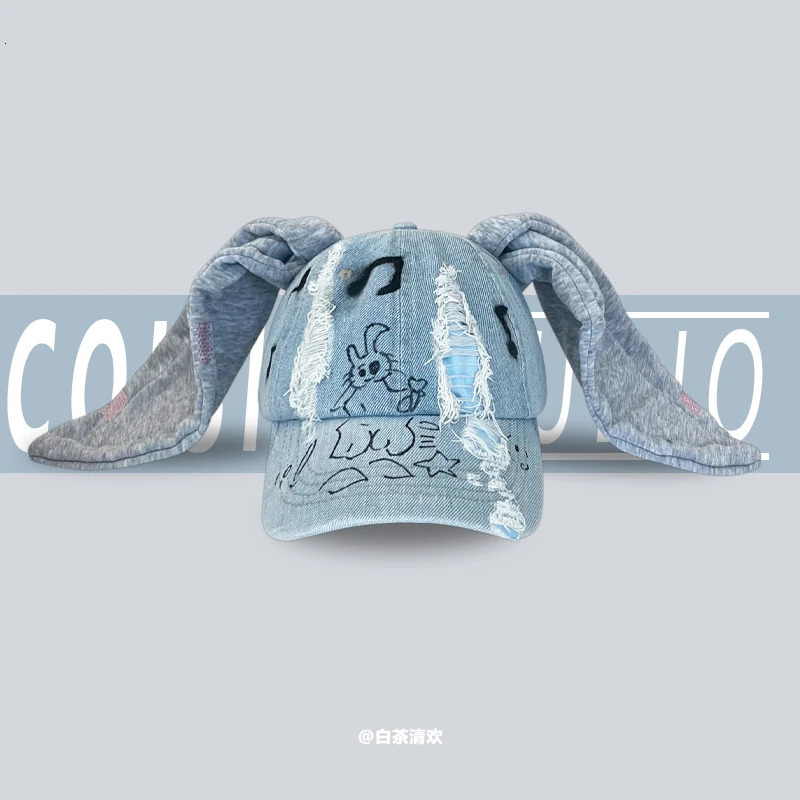 Niche Y2k Rabbit Ears Denim Ripped Baseball Cap Men and Women Dark Personality Metal Ring Street Trend Adjustable Sports Hat 241225