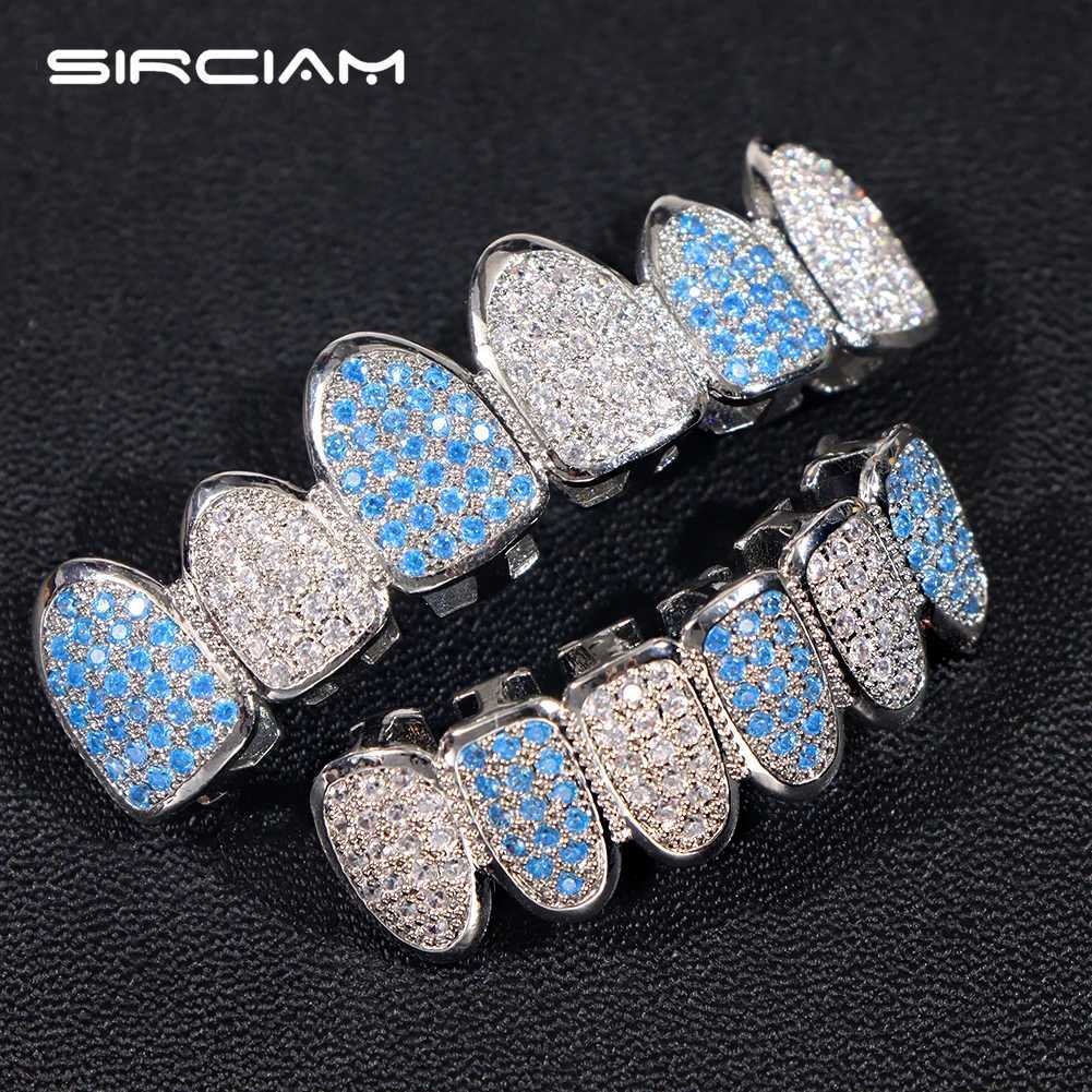 d Out Bling Full Zircon Blue Teeth Grillz Cs For Unisex Cubic Zircon Micro Pave Top Bottom Grills Set Party Hip Hop JewelryXJ241225