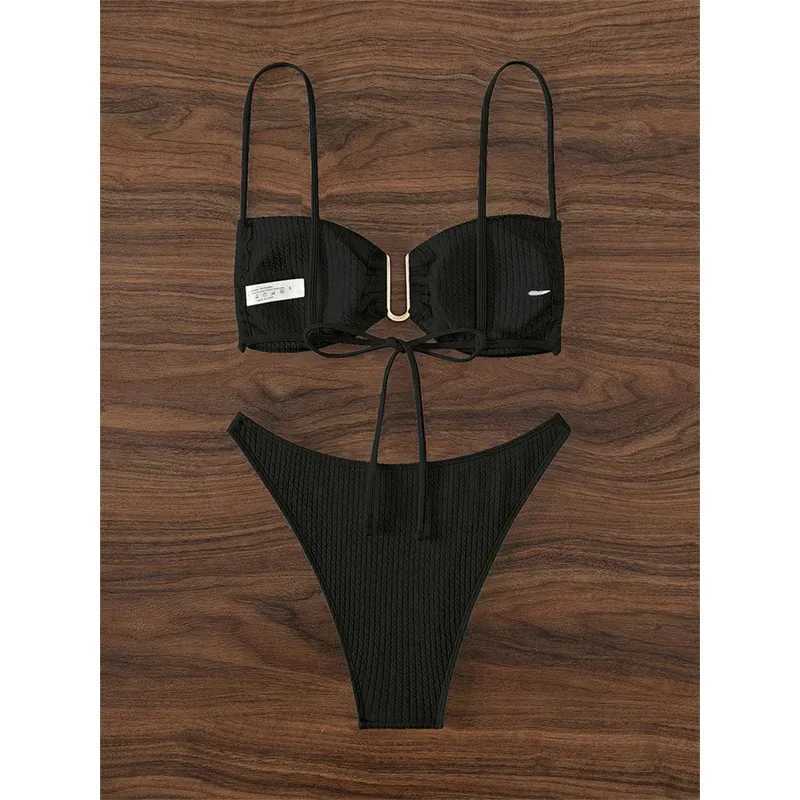 Sexy U-neck Bikini Set for Womens Pure White Black Push Up Folded Micro Swimsuit 2024 Brazilian Tailored Swimsuit thong SwimsuitW241225