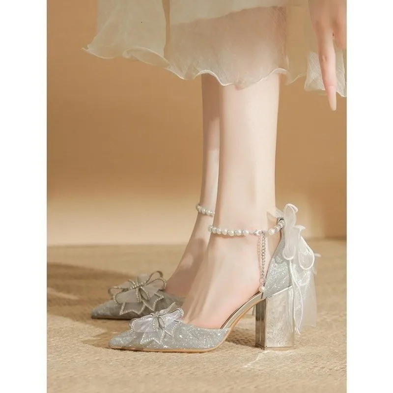 Spring Pointed Toe Party Woman Wedding Shoes Bride Bow Thick Heel Silver Sequin Fairy Lolita Style Single Shoes 241225