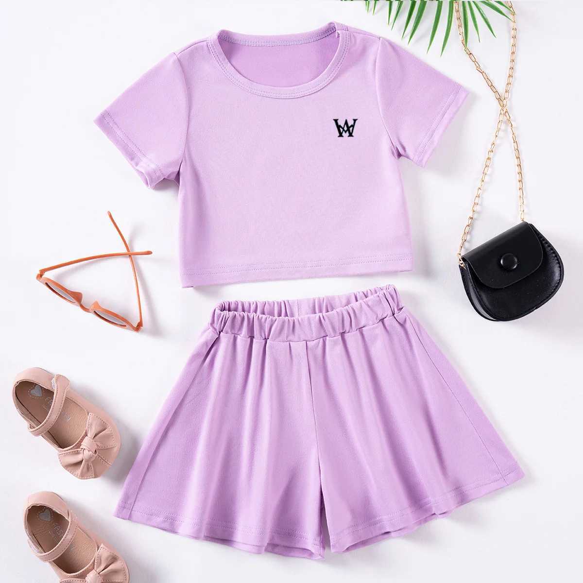 Clothing Sets Girls Fashion Letter Short Sleeve Set Toddler Printed Loose T-Shirt Solid Color Shorts 2 Pieces Korean Daily Casual Set Hot SaleY2412255