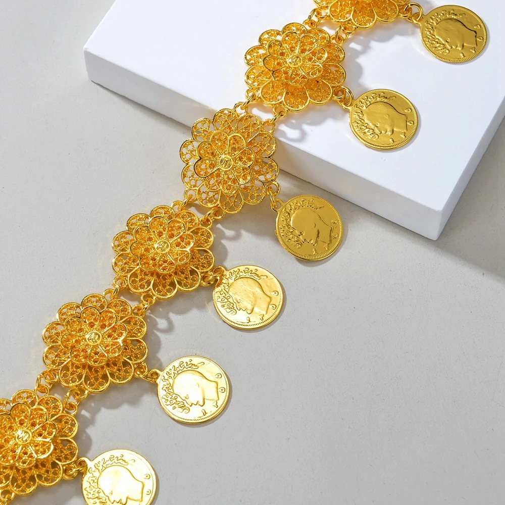 Fashion Waistband Jewelry Afghan Gold Color Metal Hollow Flower Coin Tassel Waist Chain Skirt Accessories Belt 241225