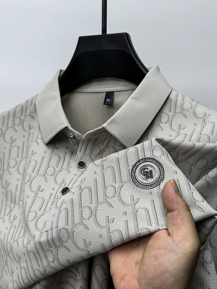 Summer Highend Silk Short Sleeved Polo Shirt for Mens ious Embossed Casual Fashion Comfortable Breathable Cool Top 241225