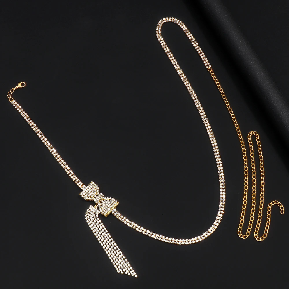 Simple Y2k Tassel Bow Waist Chain Double-Row Body Woman Accessories Sexy Jewelry Bling Rhinestone Belly Chain Bikinis Beach 241225