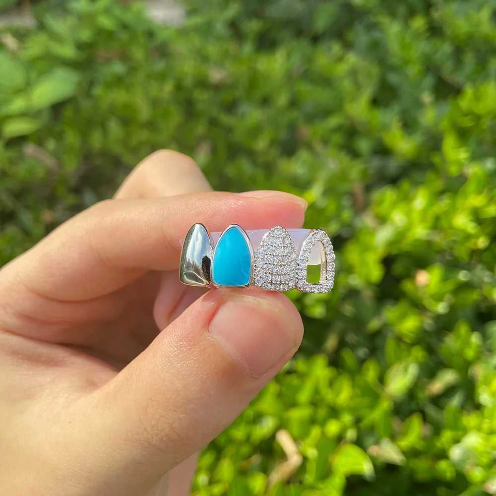 RACHELZ Hip Hop 4 Blue Color Tooth Cs Decor For Men Women Trend Hollow CZ Zircon Teeth Grillz Dental Grills JewelryXJ241225