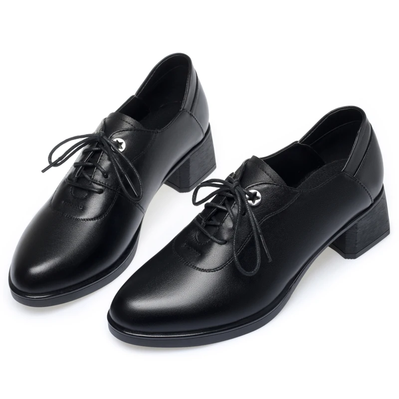 Spring Shoes Ladies Lace-up British Style Non-slip Women Shoes Genuine Leather Round Toe British Large Size Women Work Shoes