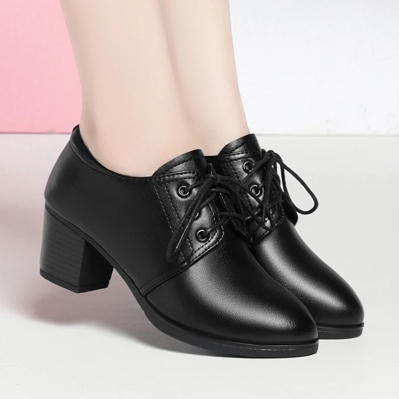 AIYUQI Women Shoes Dress Anti Slip Autumn Genuine Leather Mid Heel Women Shoes Large Lace Up Office Women Shoes