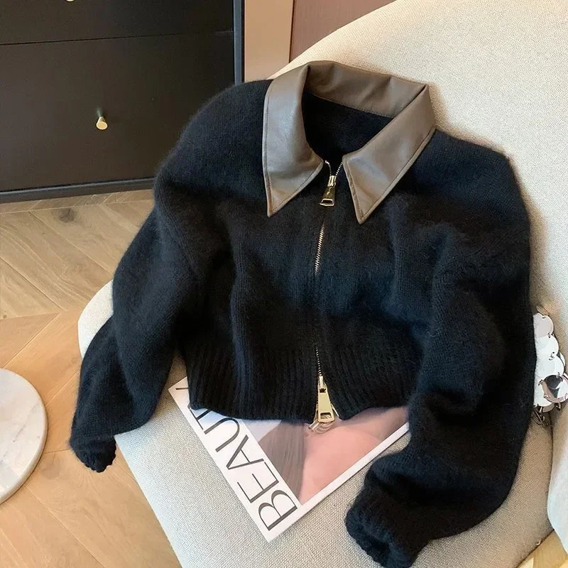 Full Sleeve Solid Women Turn Down Collar Loose Casual Knitted Coats Zipper Autumn Winter 2024 Regular Splice Sweaters Cardigan 241225