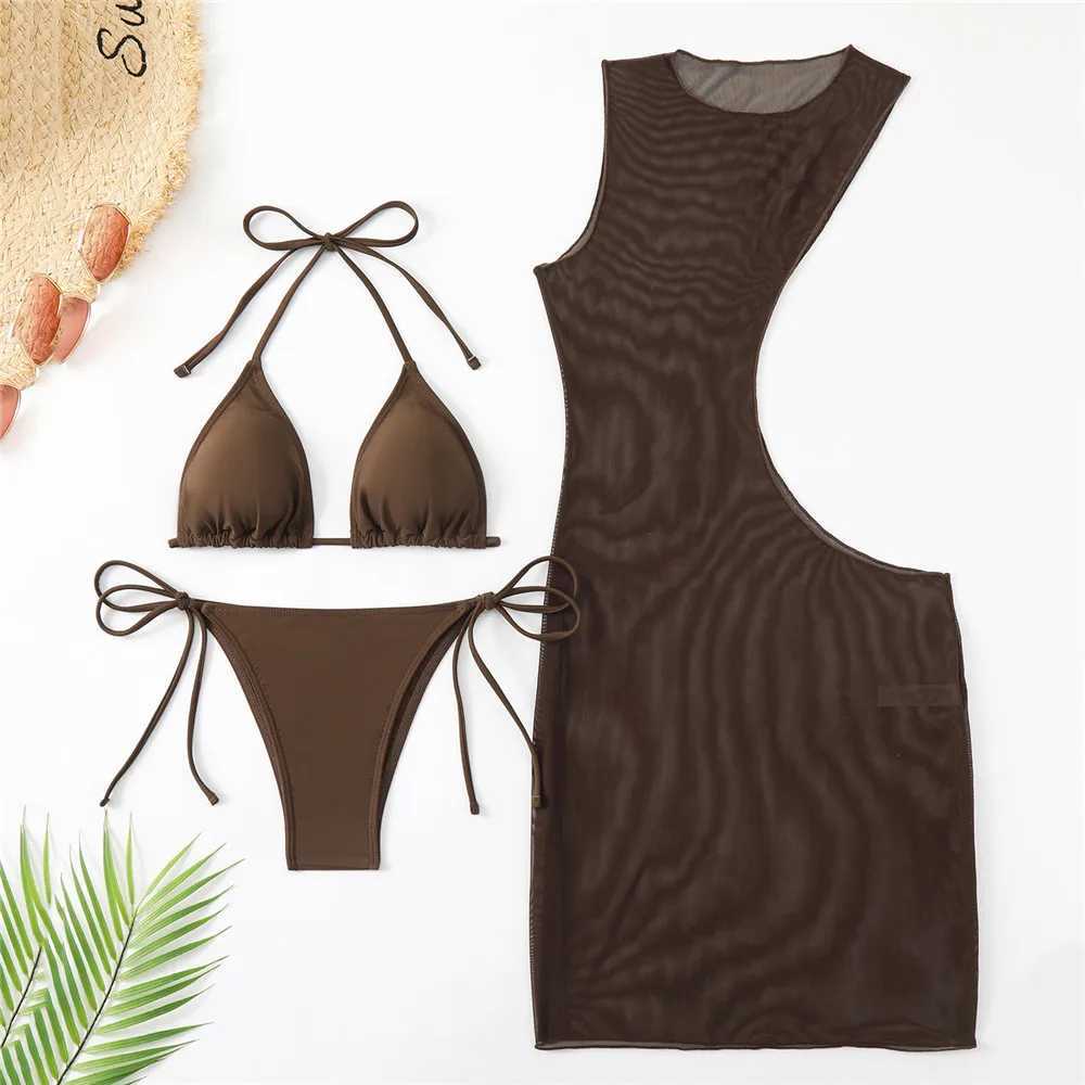 Brown mesh eyemask swimsuit 3-piece bikini set sexy swimsuit womens 2024 suspender triangle mini bikini thong beachwearW241225