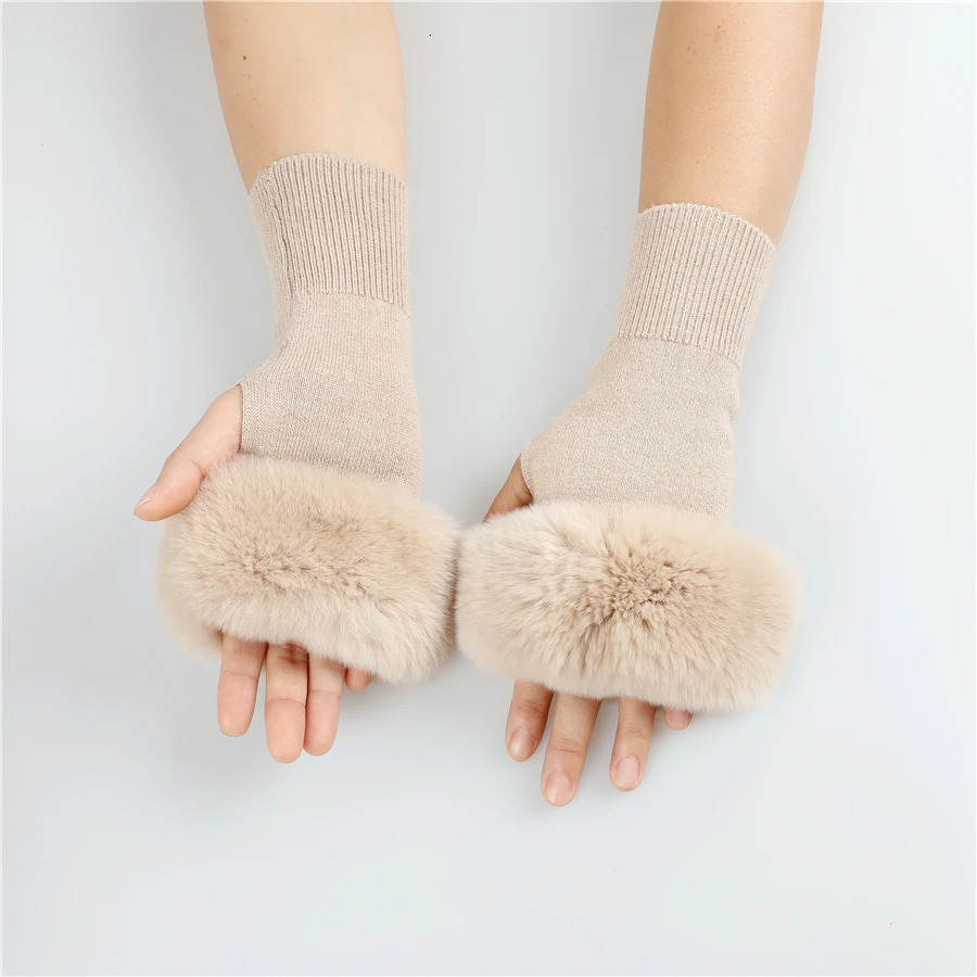 Winter Fashion Womens Wool Knitted Real Rex Rabbit Fur Fingerless Gloves Cuffs Girls Warm Mittens Wrist Warmer Elastic Fluffy 241225