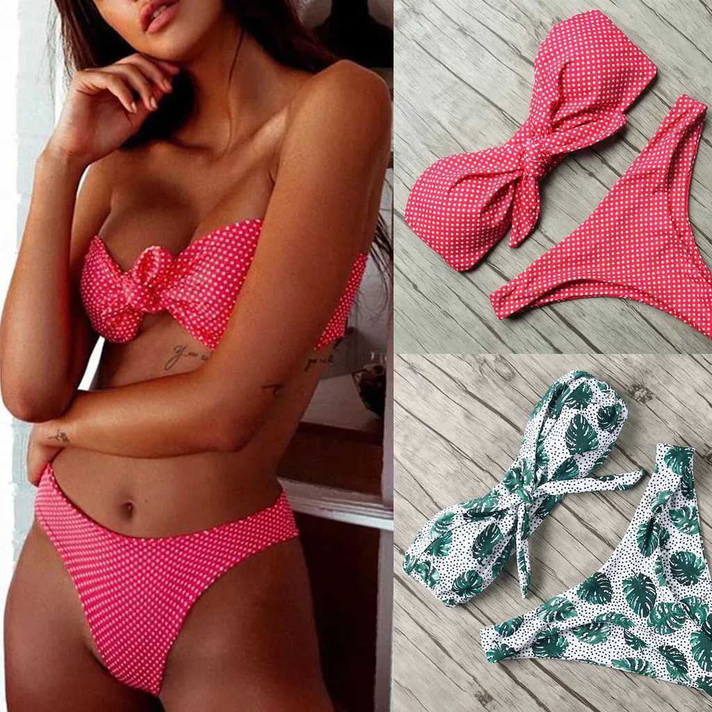 Womens sexy two-piece swimsuit bow high cut Bandeau bikini set 2-piece womens swimsuit bikini women 2024 trend push upsW241225