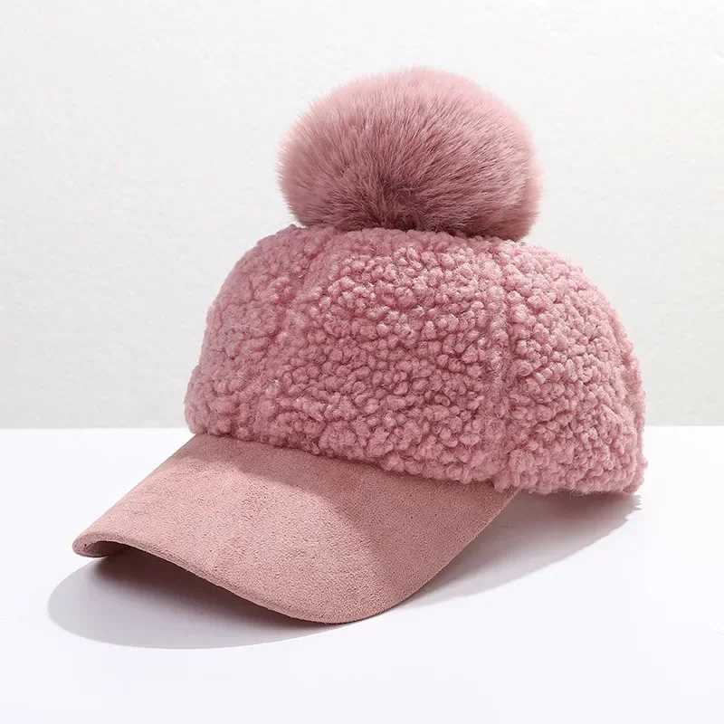 Womens winter artificial wool baseball cap soft warm solid color cute fluffy hip-hop sunscreen slime Brim beanie cap W241225