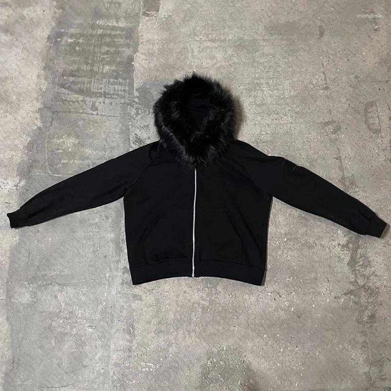 Men's Hoodies Zip Up Hoodie Solid Color Plush Coat Men Clothes Fur Collar Hip Hop Streetwear Harajuku American Style Hooded Sweatshirt