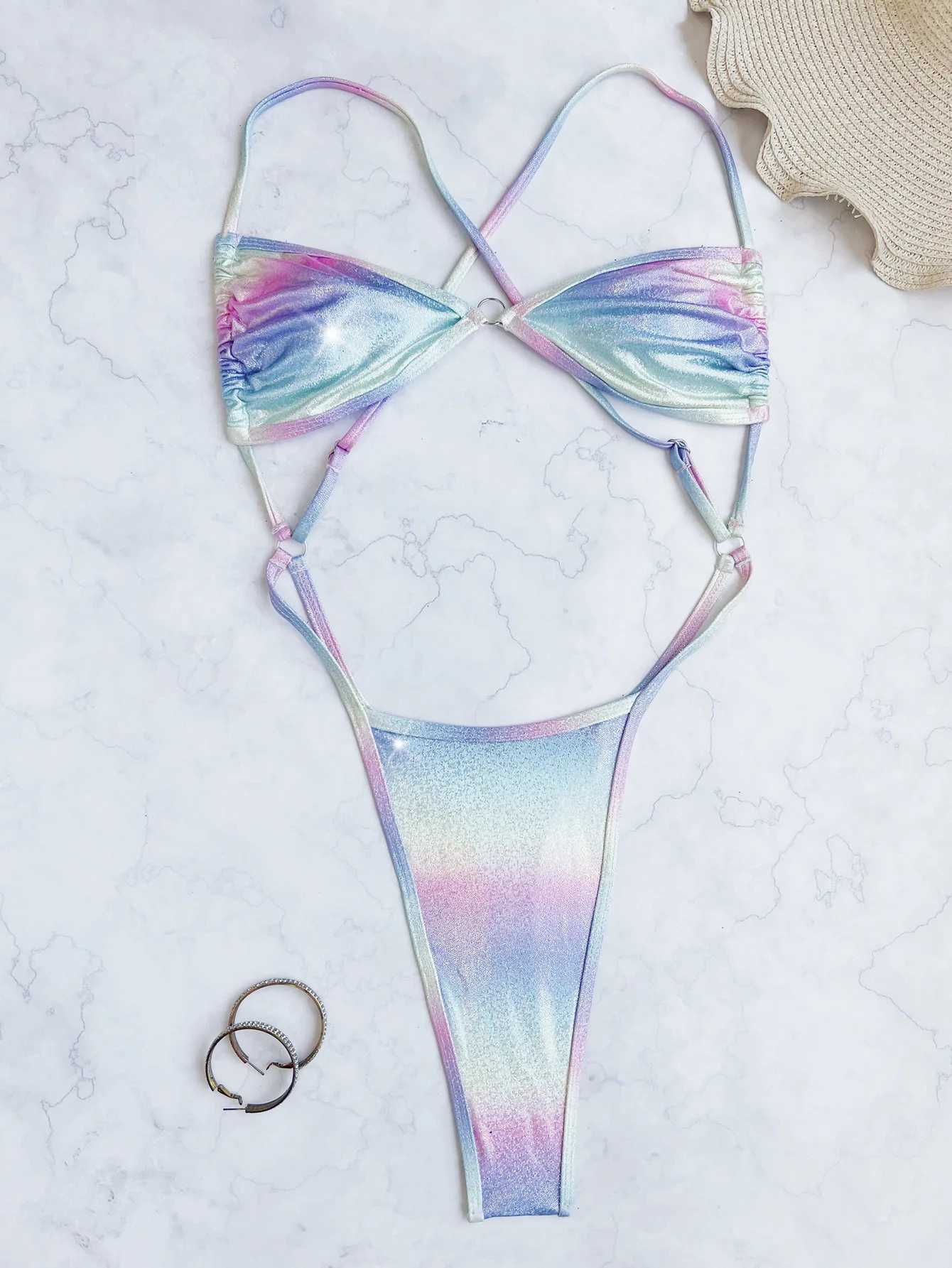 Sexy Gillter Gradiente Rainbow Backless Bikini one-piece swimsuit bikini bodysuit bikini swimsuit bikini swimsuitW241225