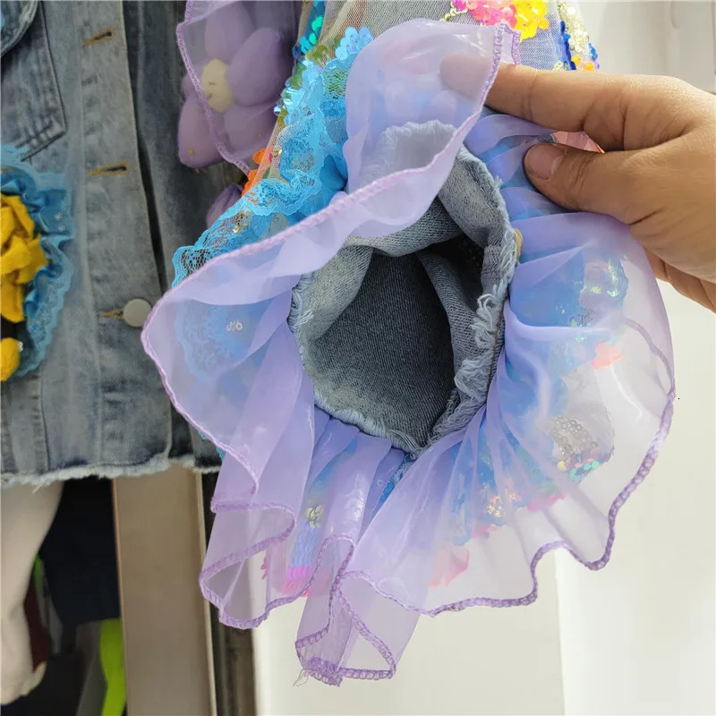 Hem Frayed Big Pocket Denim Jacket Women Multicolour Sequins Mesh Lantern Sleeve Cow Outwear Loose Short Jeans Jackets Female 241223
