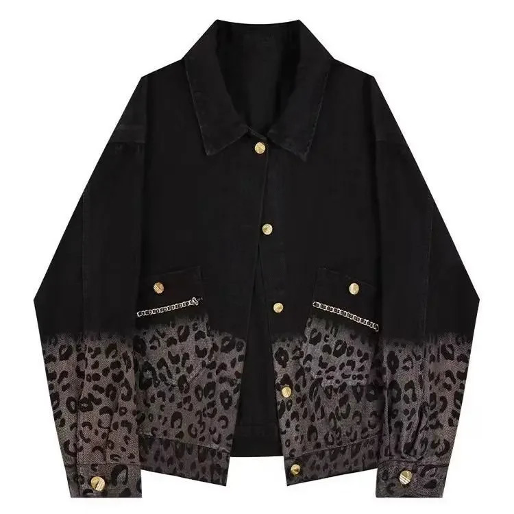 Gradient leopard print denim jacket for women in spring and autumn loose and casual n short jacket trendy top 241223