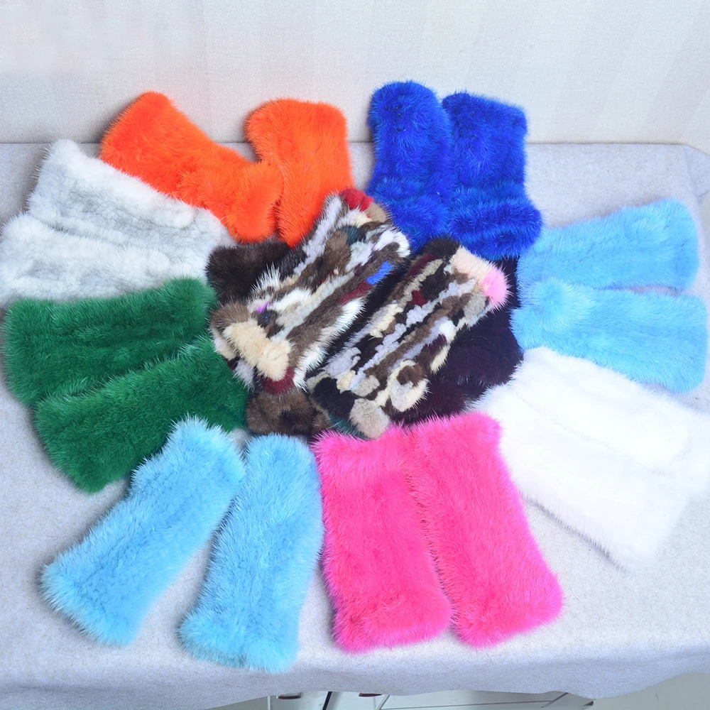 Top Quality Womens 100% Winter Warm Real Mink Fur Knitted Half Finger Gloves Girls Typing Mittens 241225